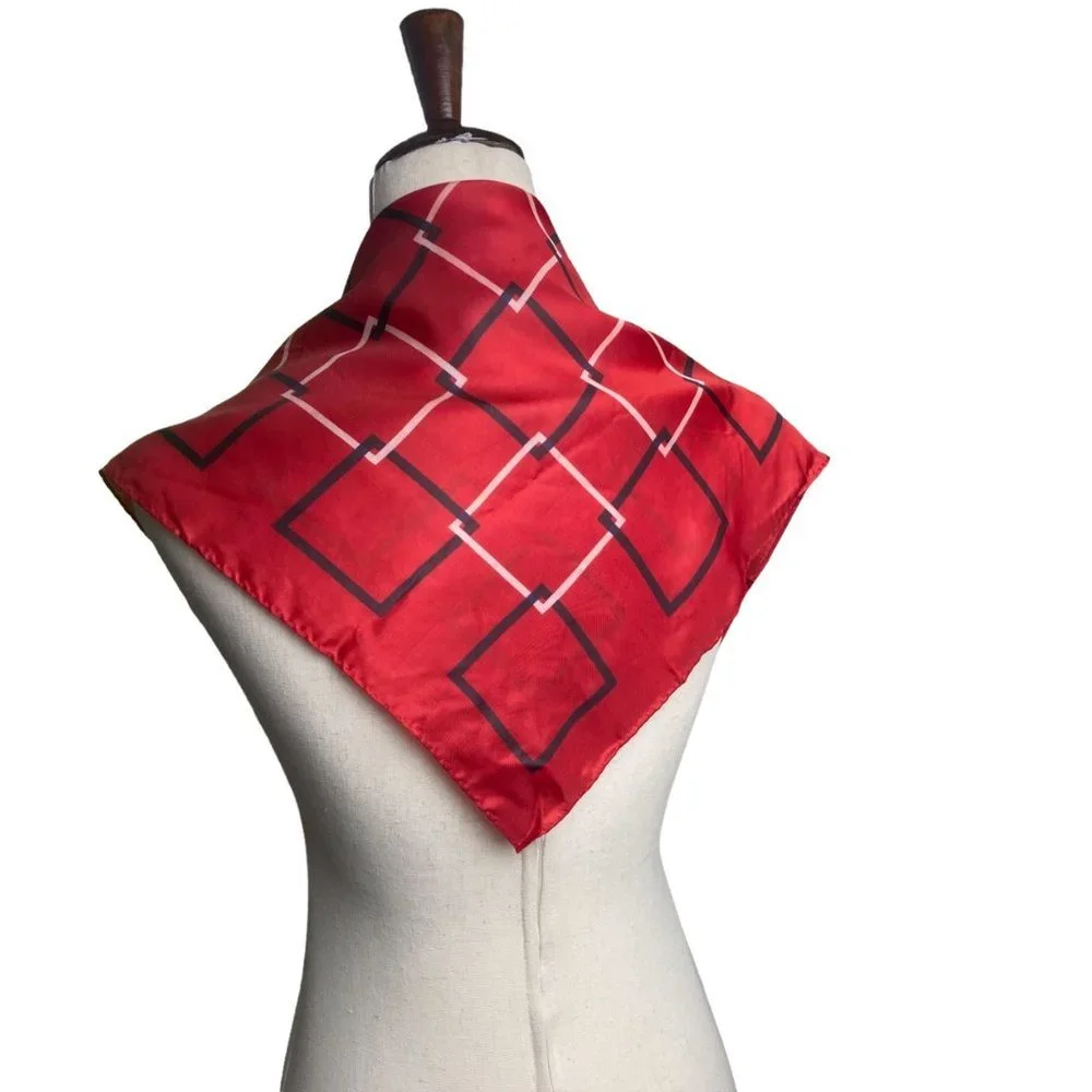 Rare Red Interlocking White Black Squares Acetate Made in Japan Square Scarf 23”